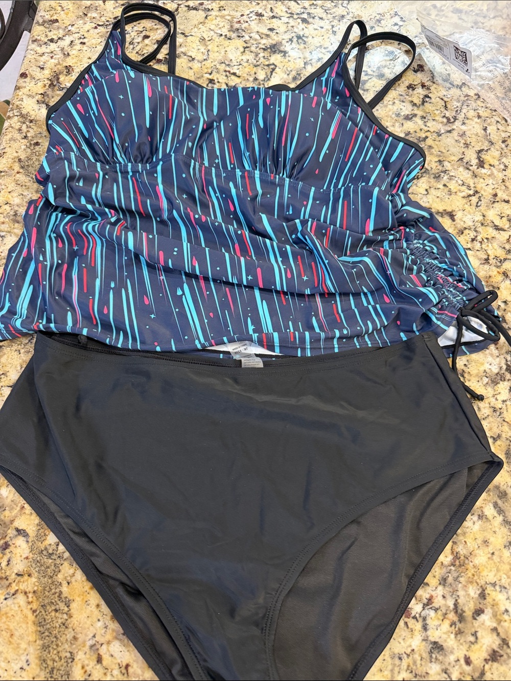 Black Tankini Set with Teal and Pink Stripe Accents new without tags